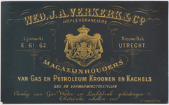 711535 Visitekaart van de Wed. J.A. Verkerk & Co, Lijnmarkt “de Nieuwe Bak” E. 61-62 te Utrecht, Magazijnhouders van ...